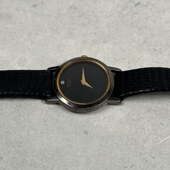 VTG Seiko Watch Womens 25mm Black Gold Tone Diamond Accent Elegant New Battery main image 4
